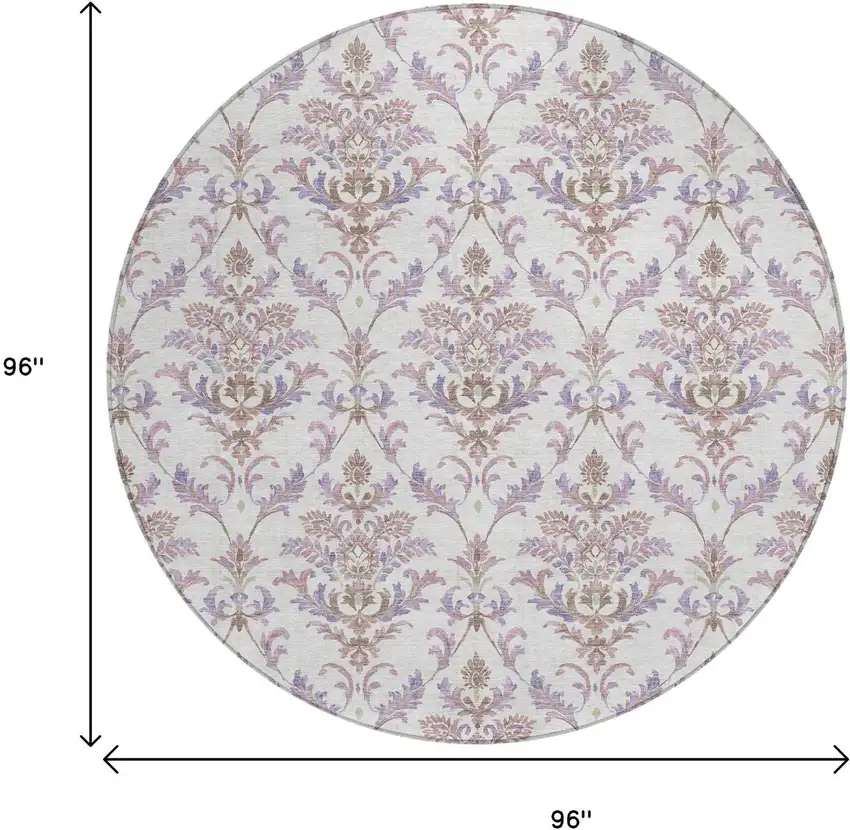 8' Lavender And Ivory Round Damask Washable Indoor Outdoor Area Rug Photo 3