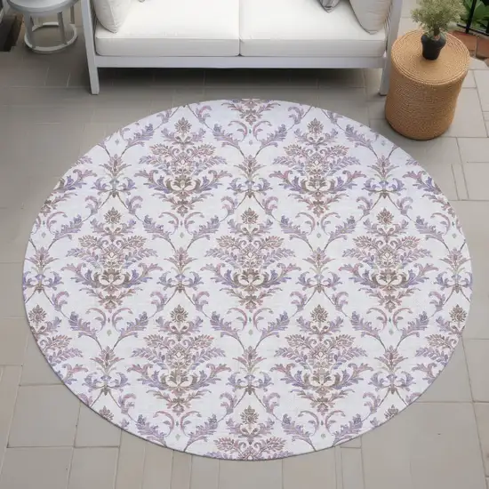 8' Lavender And Ivory Round Damask Washable Indoor Outdoor Area Rug Photo 8