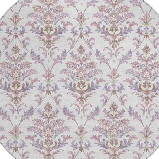 8' Lavender And Ivory Round Damask Washable Indoor Outdoor Area Rug Photo 7