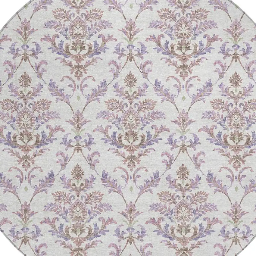 8' Lavender And Ivory Round Damask Washable Indoor Outdoor Area Rug Photo 7