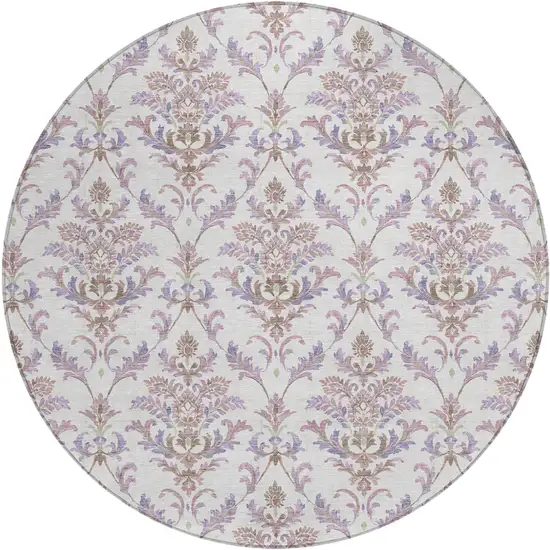 8' Lavender And Ivory Round Damask Washable Indoor Outdoor Area Rug Photo 2