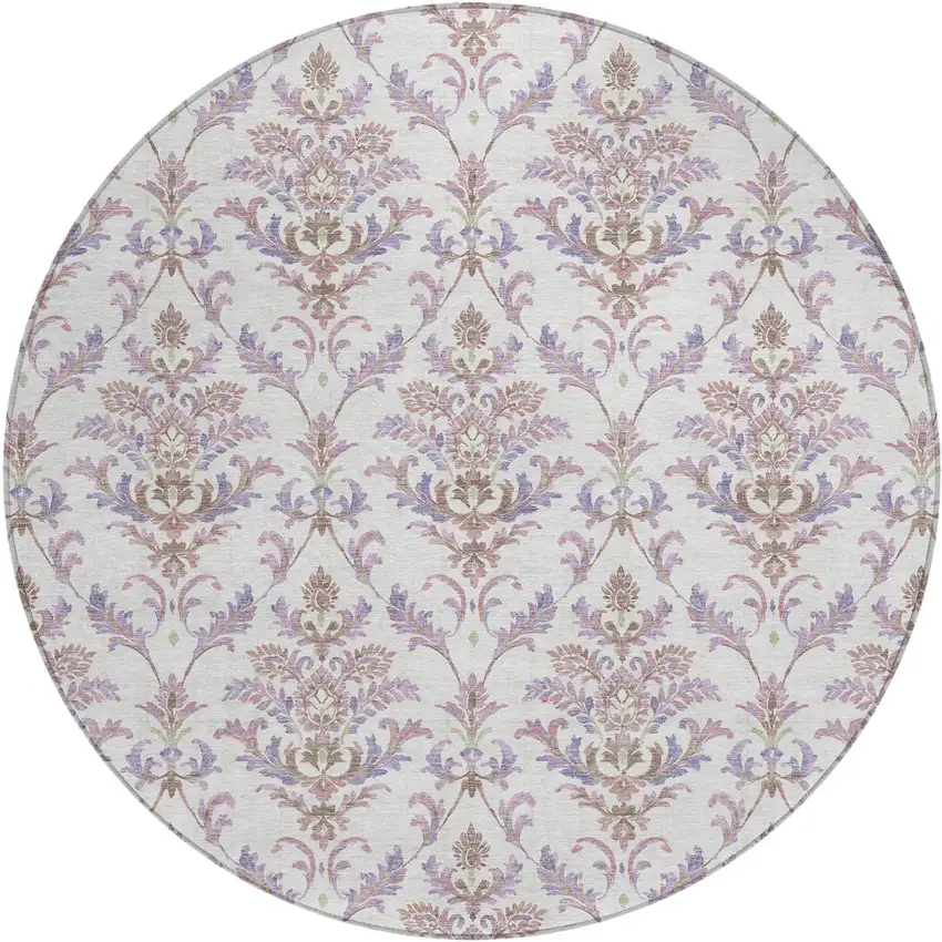 8' Lavender And Ivory Round Damask Washable Indoor Outdoor Area Rug Photo 2