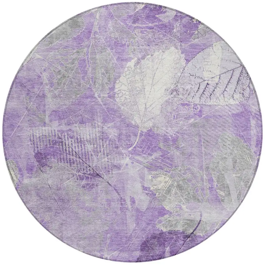 8' Lavender And Ivory Round Floral Washable Indoor Outdoor Area Rug Photo 3