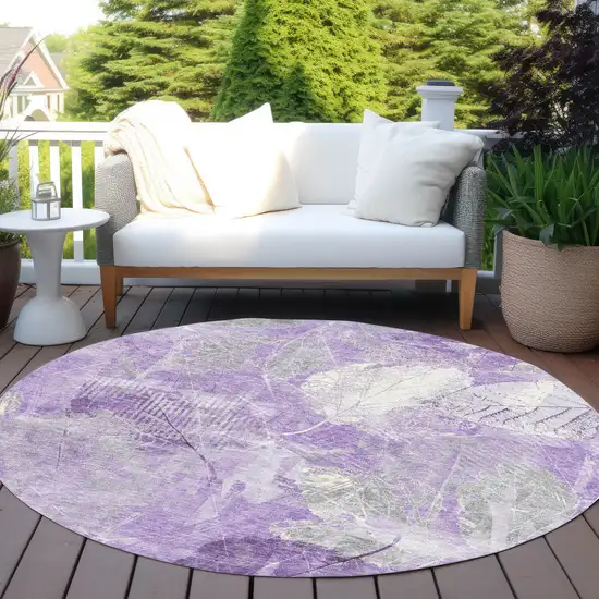 8' Lavender And Ivory Round Floral Washable Indoor Outdoor Area Rug Photo 5