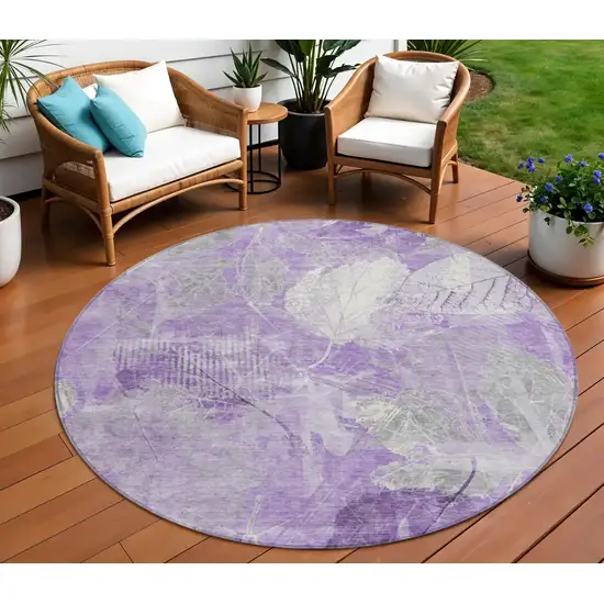 8' Lavender And Ivory Round Floral Washable Indoor Outdoor Area Rug Photo 2