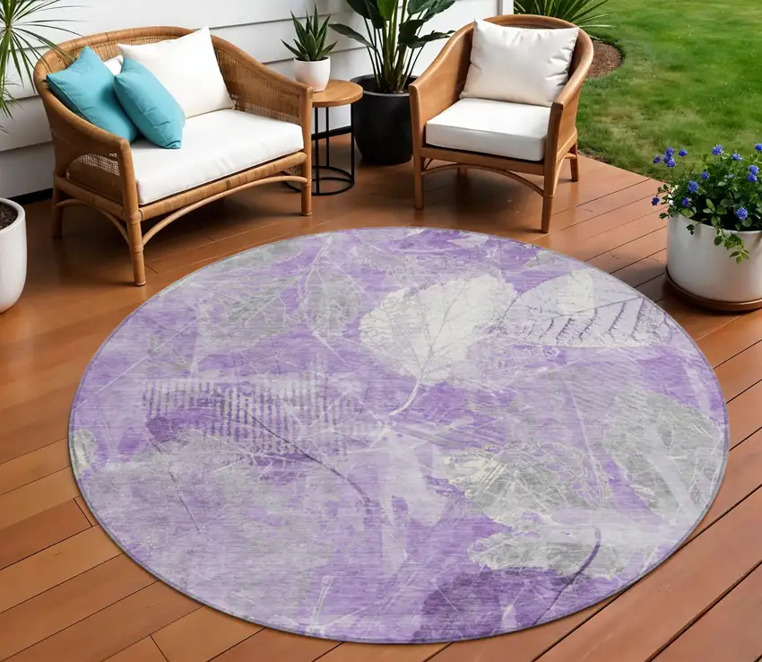 8' Lavender And Ivory Round Floral Washable Indoor Outdoor Area Rug Photo 2