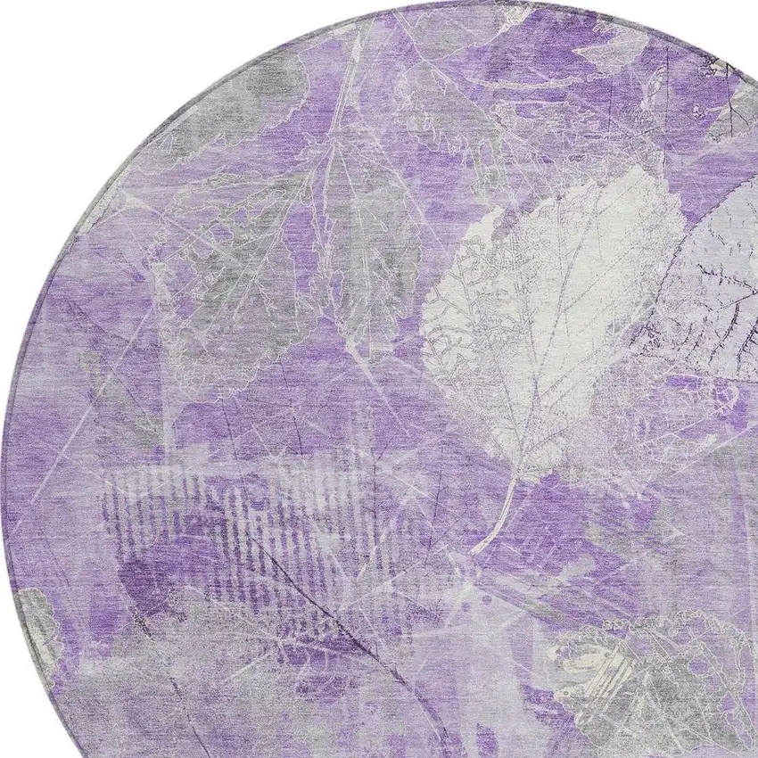 8' Lavender And Ivory Round Floral Washable Indoor Outdoor Area Rug Photo 4