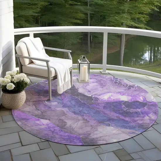 8' Lavender And Ivory Round Floral Washable Indoor Outdoor Area Rug Photo 5