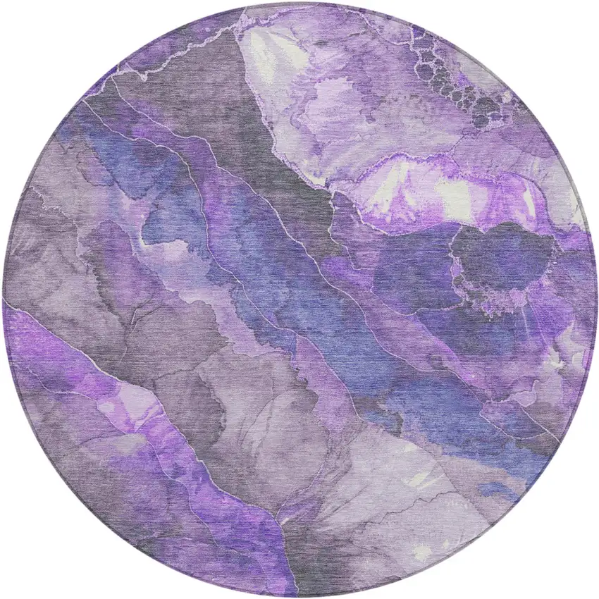 8' Lavender And Ivory Round Floral Washable Indoor Outdoor Area Rug Photo 1