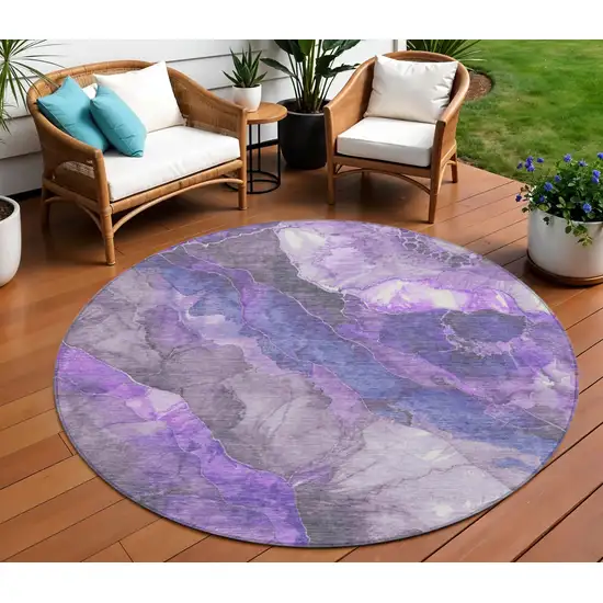 8' Lavender And Ivory Round Floral Washable Indoor Outdoor Area Rug Photo 2
