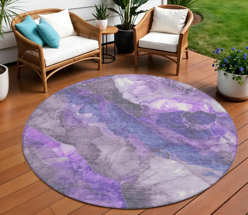 8' Lavender And Ivory Round Floral Washable Indoor Outdoor Area Rug Photo 2
