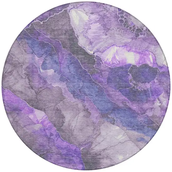 8' Lavender And Ivory Round Floral Washable Indoor Outdoor Area Rug Photo 3