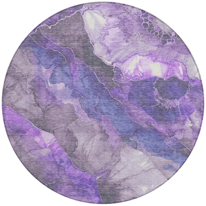 8' Lavender And Ivory Round Floral Washable Indoor Outdoor Area Rug Photo 3