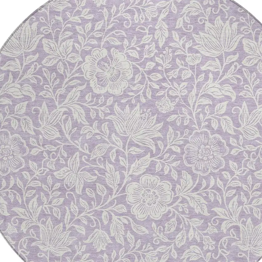 8' Lavender And Ivory Round Floral Washable Indoor Outdoor Area Rug Photo 2