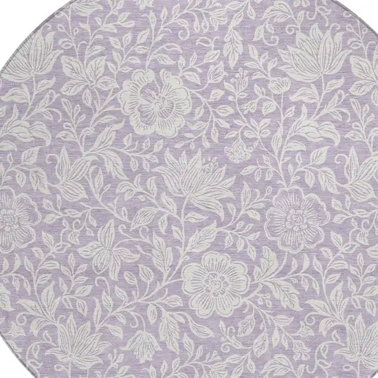 8' Lavender And Ivory Round Floral Washable Indoor Outdoor Area Rug Photo 2