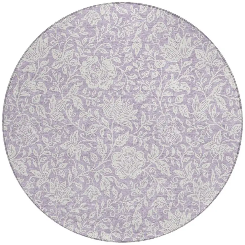 8' Lavender And Ivory Round Floral Washable Indoor Outdoor Area Rug Photo 3