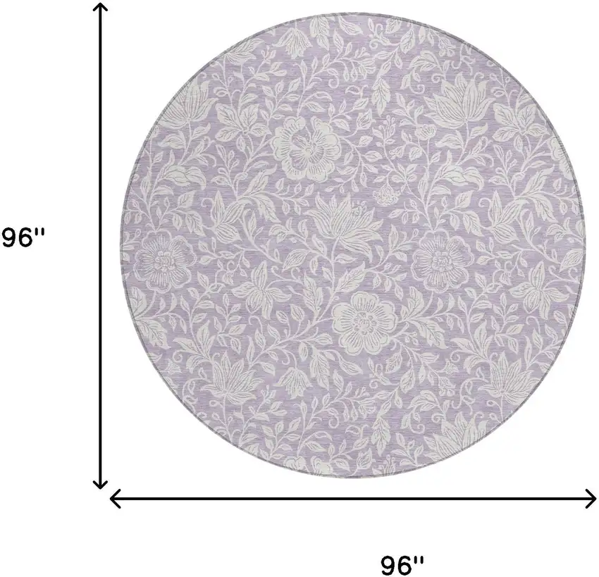 8' Lavender And Ivory Round Floral Washable Indoor Outdoor Area Rug Photo 6