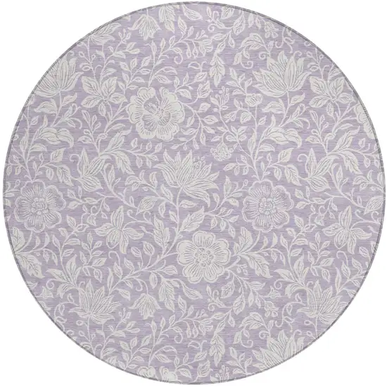 8' Lavender And Ivory Round Floral Washable Indoor Outdoor Area Rug Photo 1