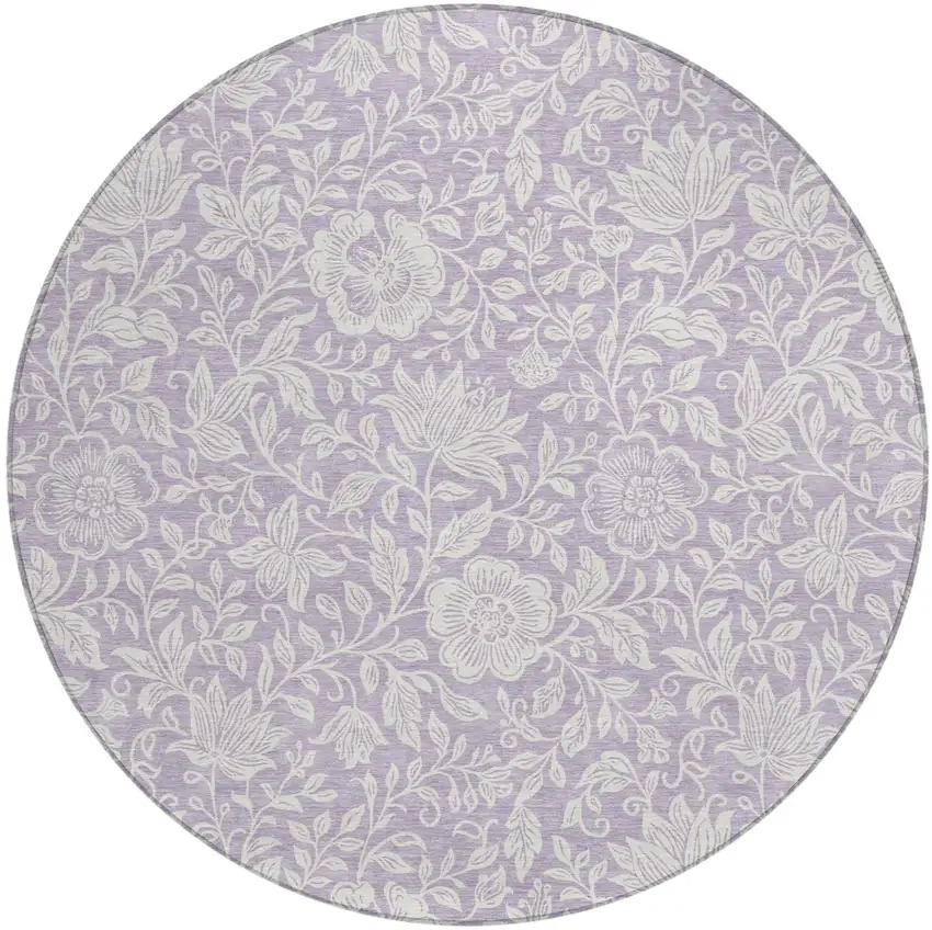 8' Lavender And Ivory Round Floral Washable Indoor Outdoor Area Rug Photo 1