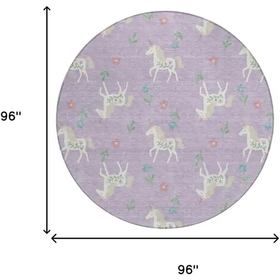 8' Lavender And Ivory Round Floral Washable Indoor Outdoor Area Rug Photo 8