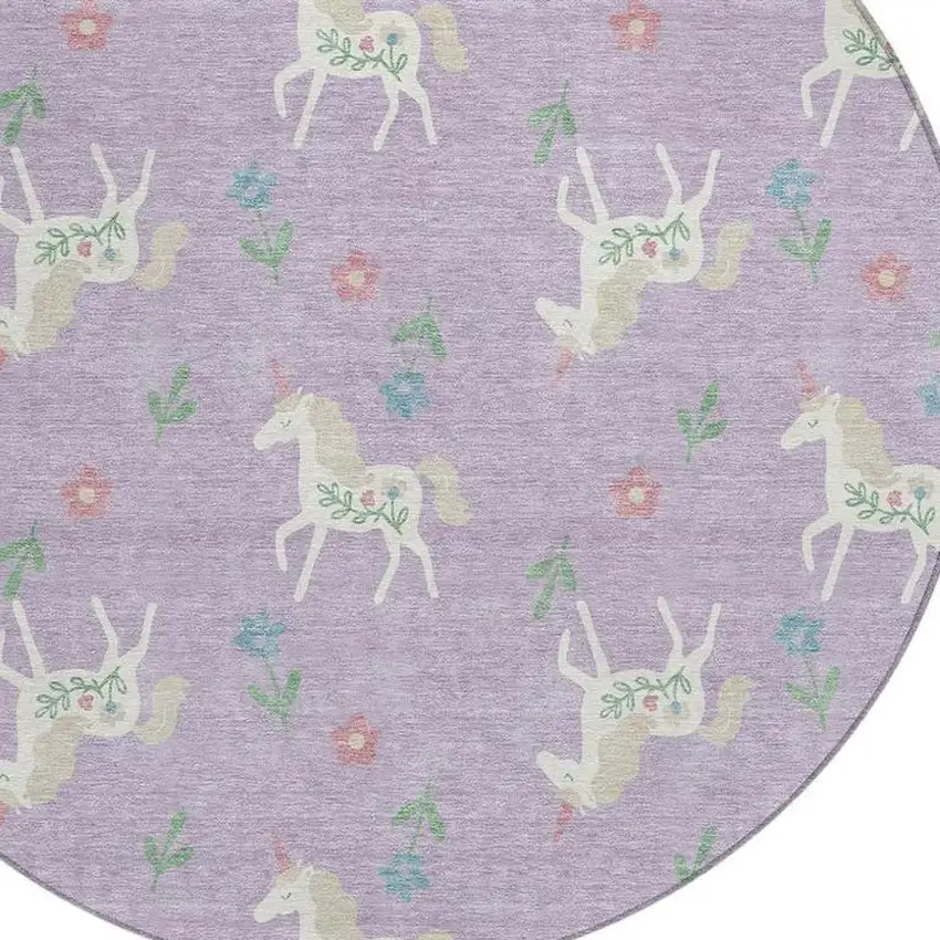 8' Lavender And Ivory Round Floral Washable Indoor Outdoor Area Rug Photo 4