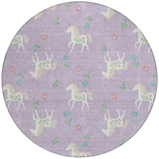 8' Lavender And Ivory Round Floral Washable Indoor Outdoor Area Rug Photo 2