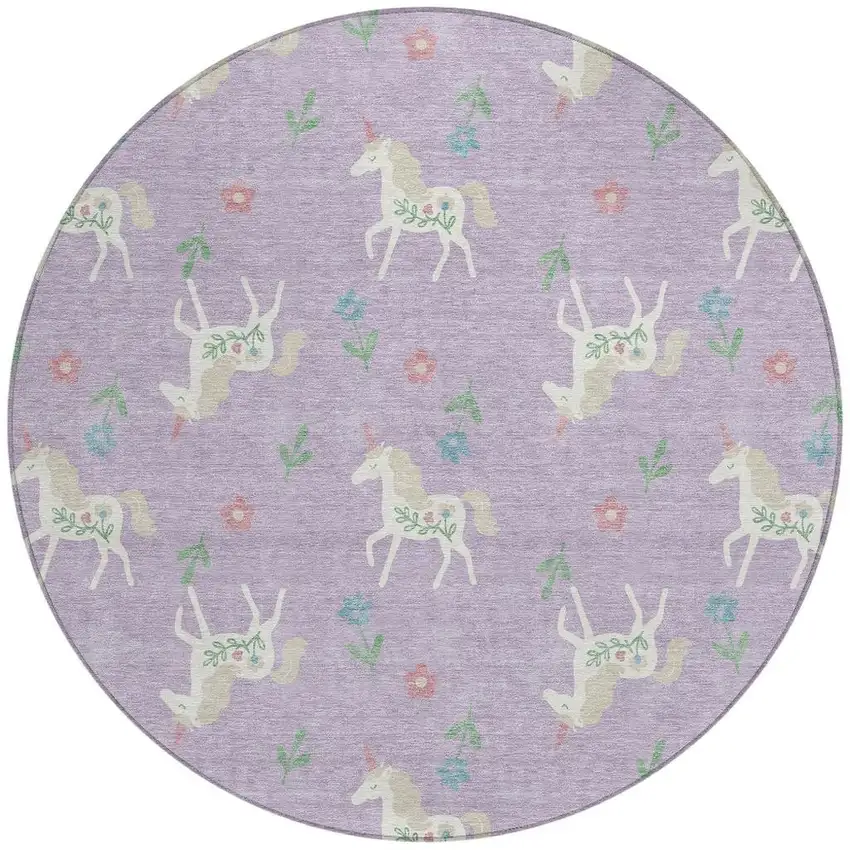 8' Lavender And Ivory Round Floral Washable Indoor Outdoor Area Rug Photo 2