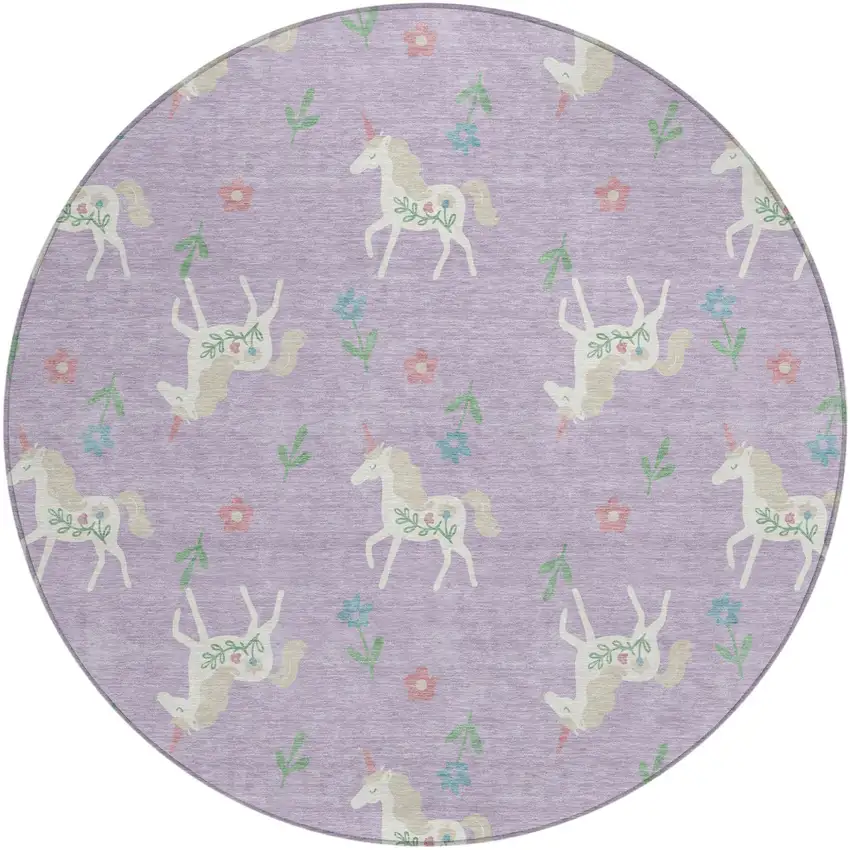 8' Lavender And Ivory Round Floral Washable Indoor Outdoor Area Rug Photo 3