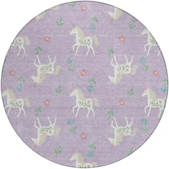 8' Lavender And Ivory Round Floral Washable Indoor Outdoor Area Rug Photo 3