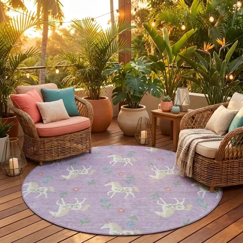 8' Lavender And Ivory Round Floral Washable Indoor Outdoor Area Rug Photo 1