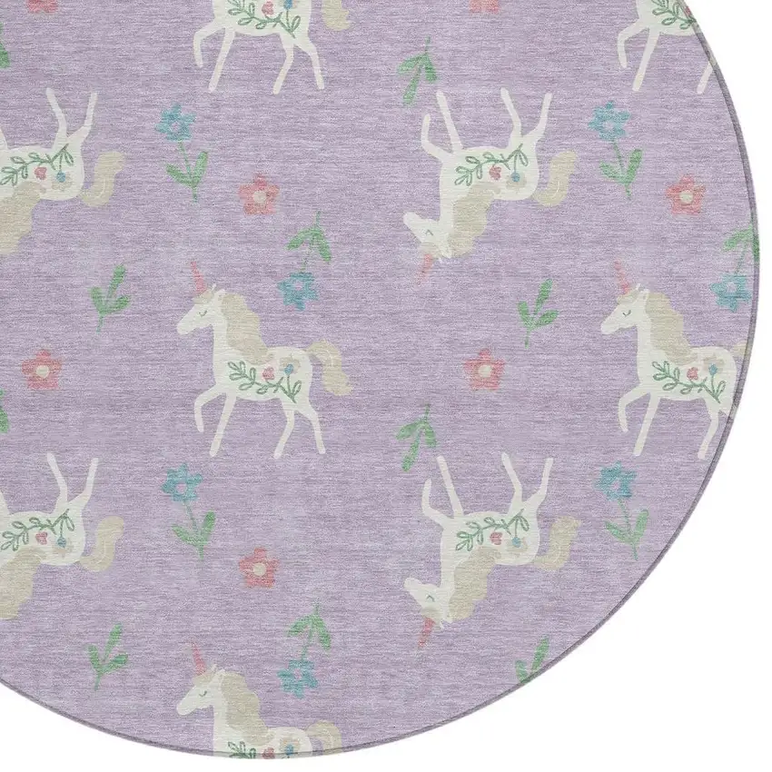 8' Lavender And Ivory Round Floral Washable Indoor Outdoor Area Rug Photo 5