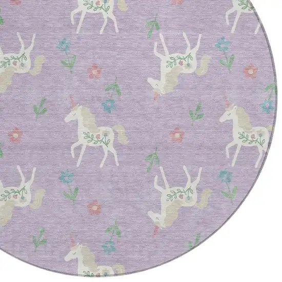 8' Lavender And Ivory Round Floral Washable Indoor Outdoor Area Rug Photo 5