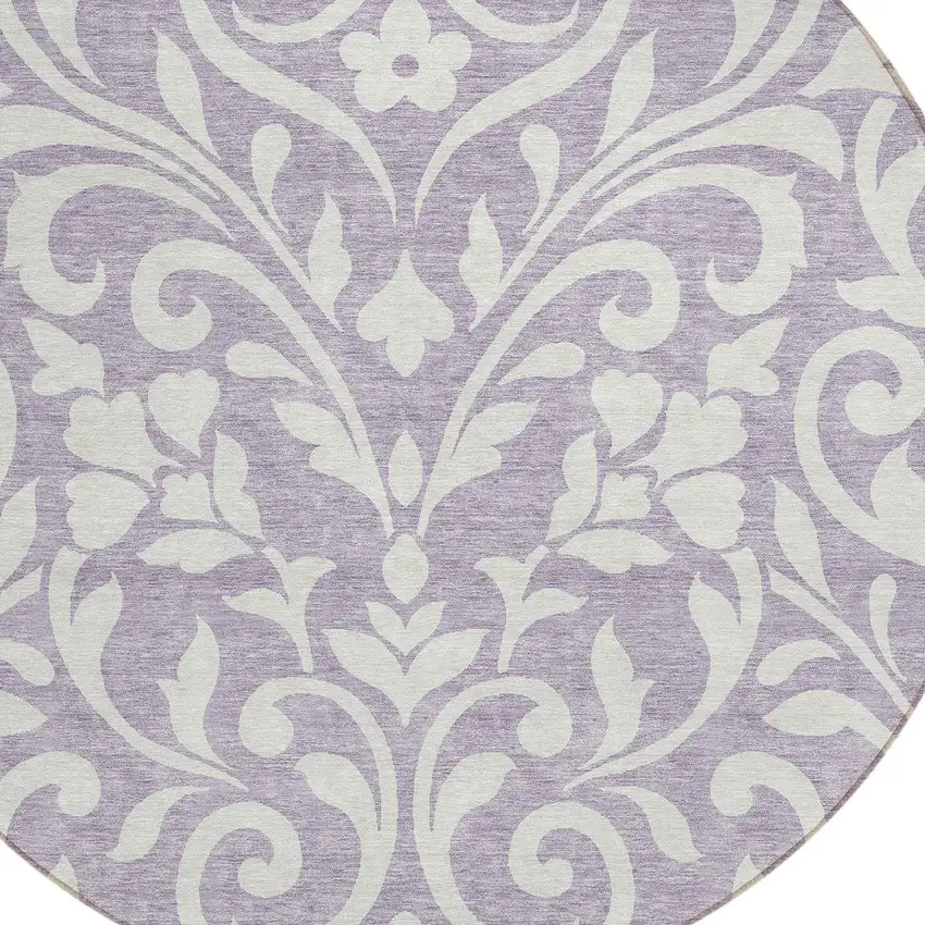 8' Lavender And Ivory Round Floral Washable Indoor Outdoor Area Rug Photo 4