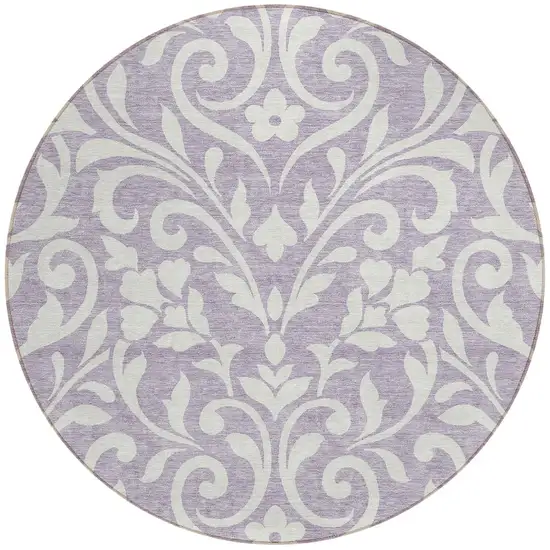 8' Lavender And Ivory Round Floral Washable Indoor Outdoor Area Rug Photo 5