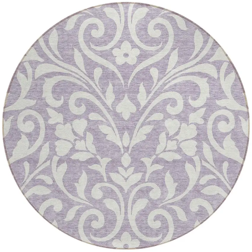 8' Lavender And Ivory Round Floral Washable Indoor Outdoor Area Rug Photo 5