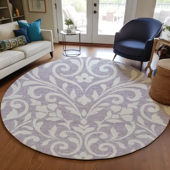 8' Lavender And Ivory Round Floral Washable Indoor Outdoor Area Rug Photo 7