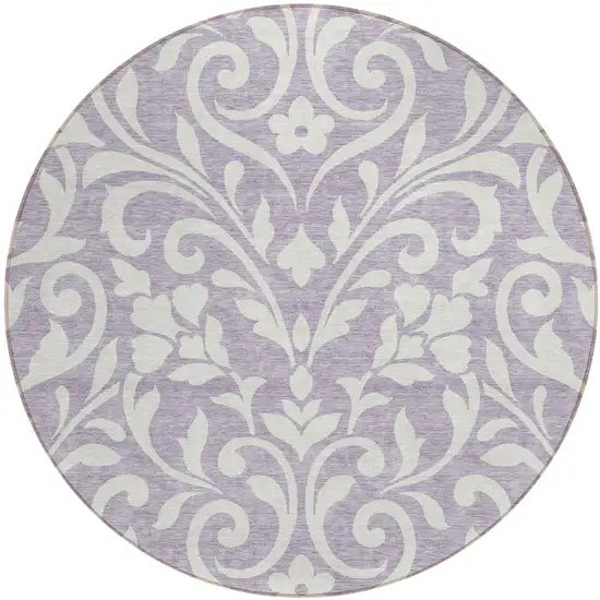 8' Lavender And Ivory Round Floral Washable Indoor Outdoor Area Rug Photo 2
