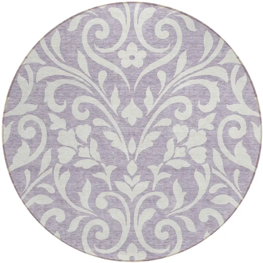 8' Lavender And Ivory Round Floral Washable Indoor Outdoor Area Rug Photo 2