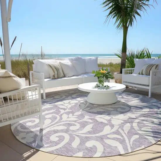 8' Lavender And Ivory Round Floral Washable Indoor Outdoor Area Rug Photo 6