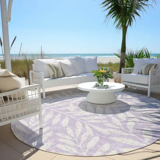 8' Lavender And Ivory Round Floral Washable Indoor Outdoor Area Rug Photo 6