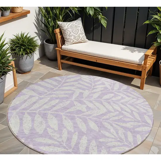 8' Lavender And Ivory Round Floral Washable Indoor Outdoor Area Rug Photo 1