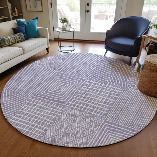 8' Lavender And Ivory Round Geometric Washable Indoor Outdoor Area Rug Photo 7