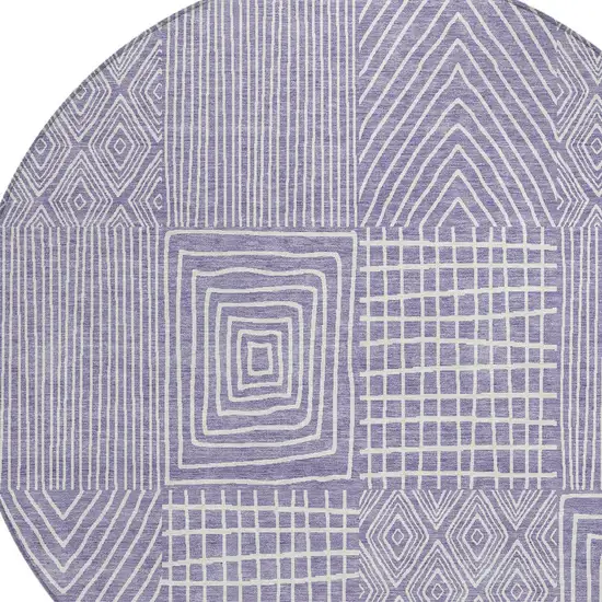 8' Lavender And Ivory Round Geometric Washable Indoor Outdoor Area Rug Photo 4