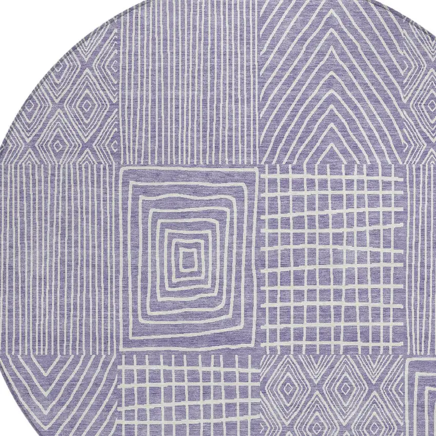 8' Lavender And Ivory Round Geometric Washable Indoor Outdoor Area Rug Photo 4