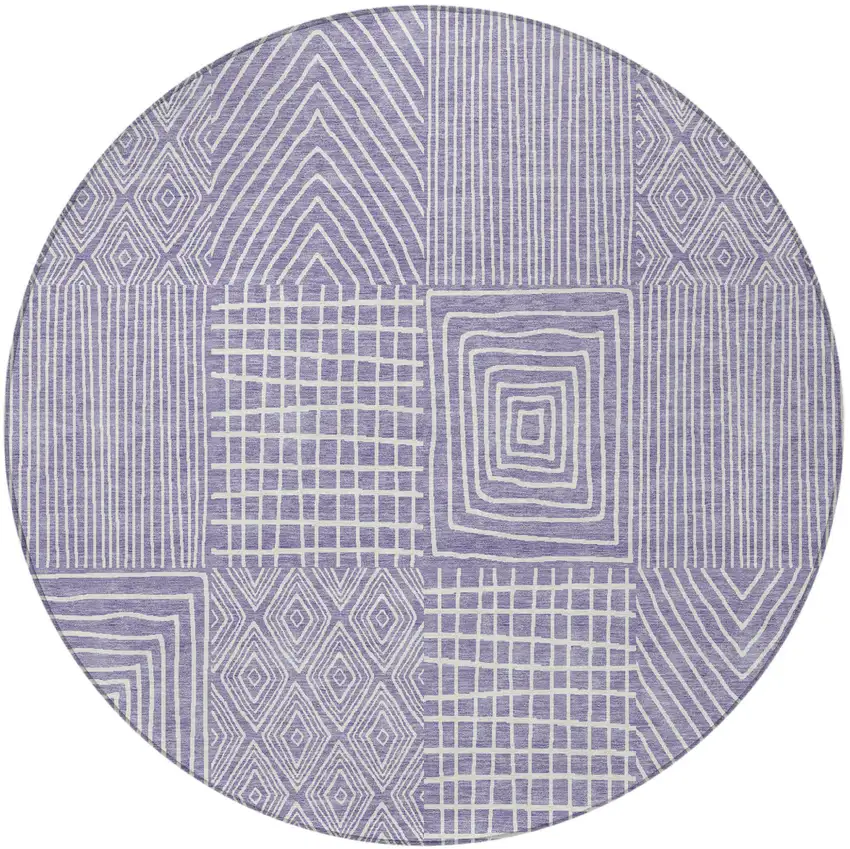 8' Lavender And Ivory Round Geometric Washable Indoor Outdoor Area Rug Photo 5