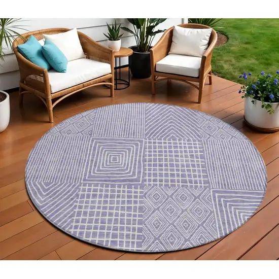 8' Lavender And Ivory Round Geometric Washable Indoor Outdoor Area Rug Photo 1