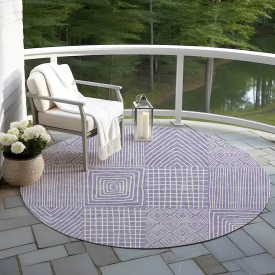 8' Lavender And Ivory Round Geometric Washable Indoor Outdoor Area Rug Photo 6