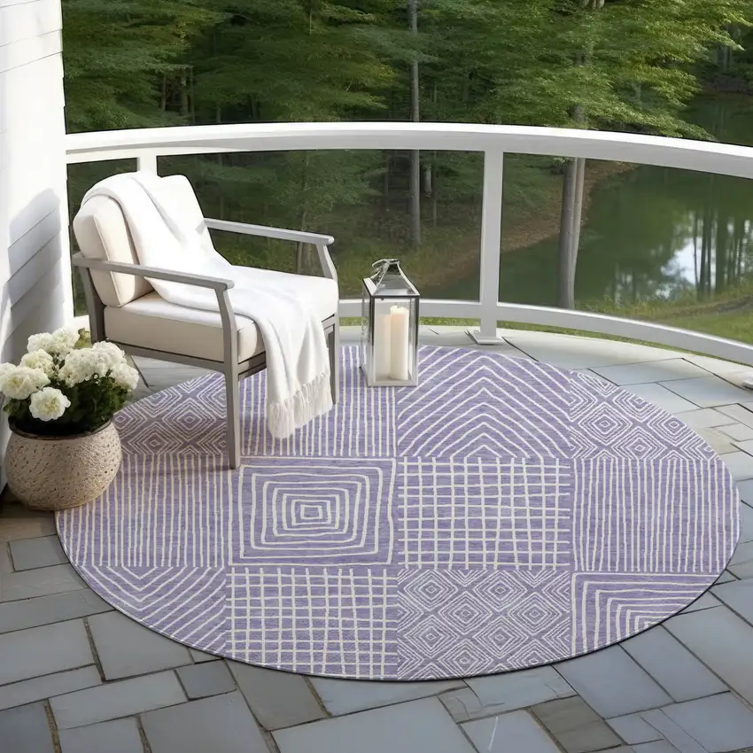 8' Lavender And Ivory Round Geometric Washable Indoor Outdoor Area Rug Photo 6