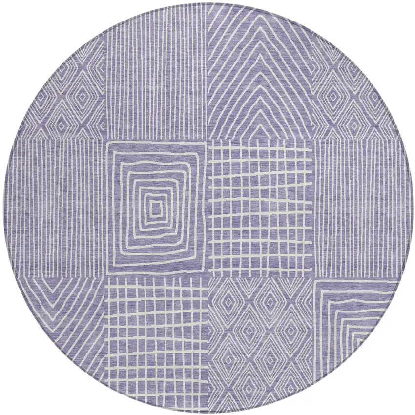 8' Lavender And Ivory Round Geometric Washable Indoor Outdoor Area Rug Photo 2