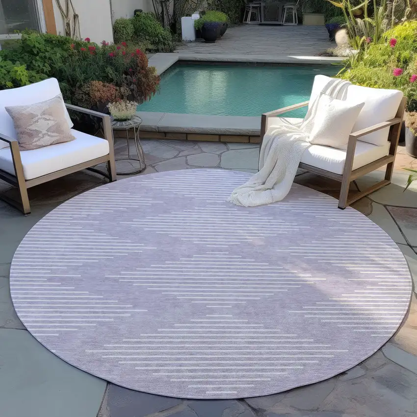 8' Lavender And Ivory Round Geometric Washable Indoor Outdoor Area Rug Photo 6